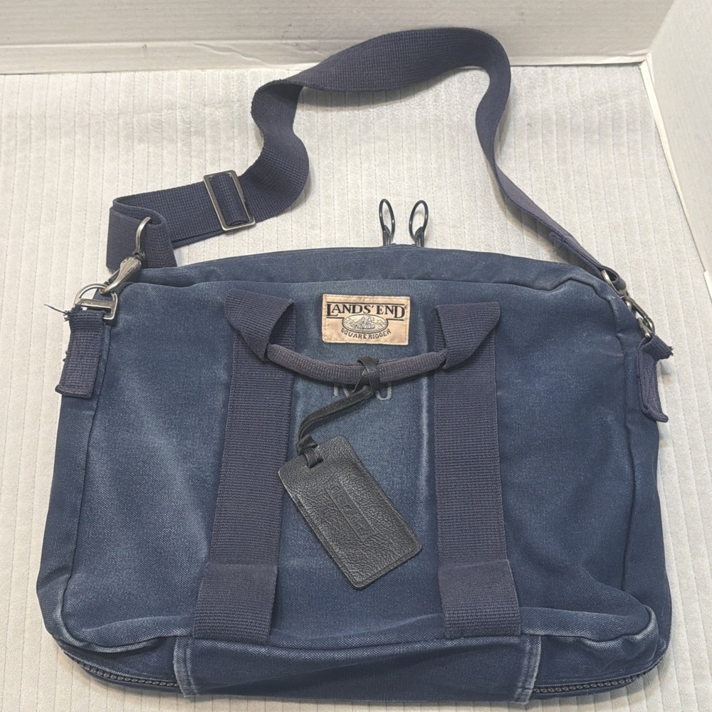Vintage Lands' End Square Rigger Canvas Leather Bag USA Navy 1970s Preppy
